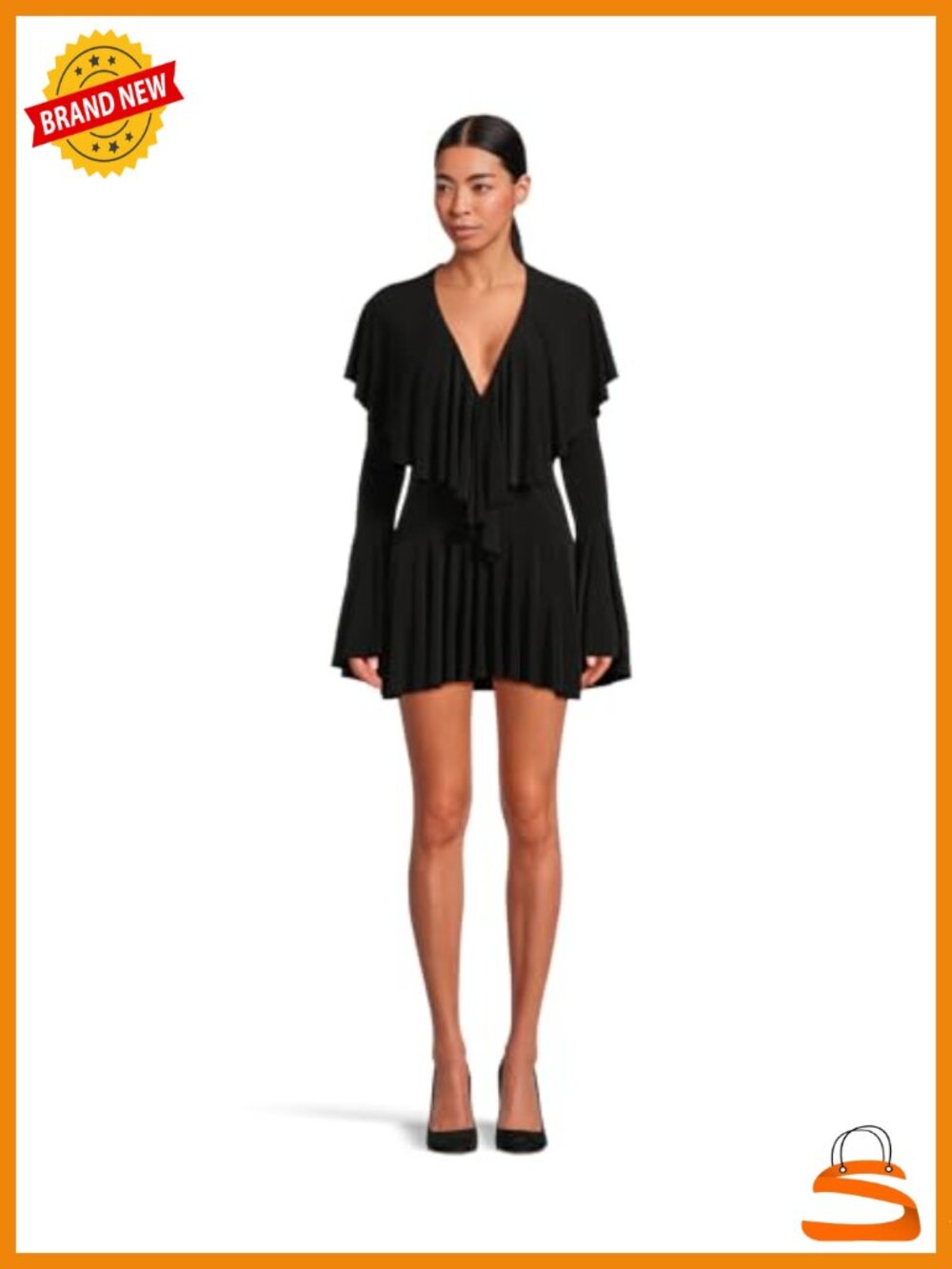 Long Sleeve Deep V Ruffle Mini Dress with Built-in Bodysuit